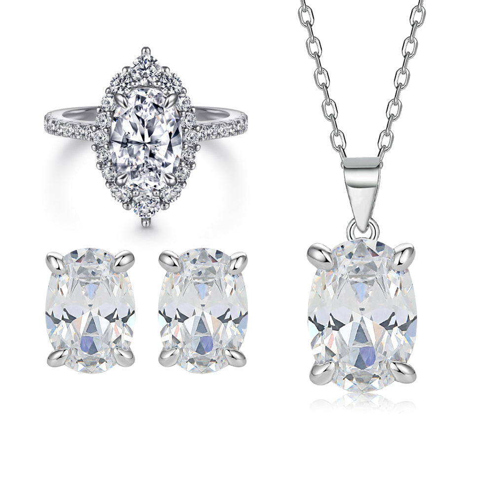 Oval gem pendant necklace and women's stud earrings set by My Store
