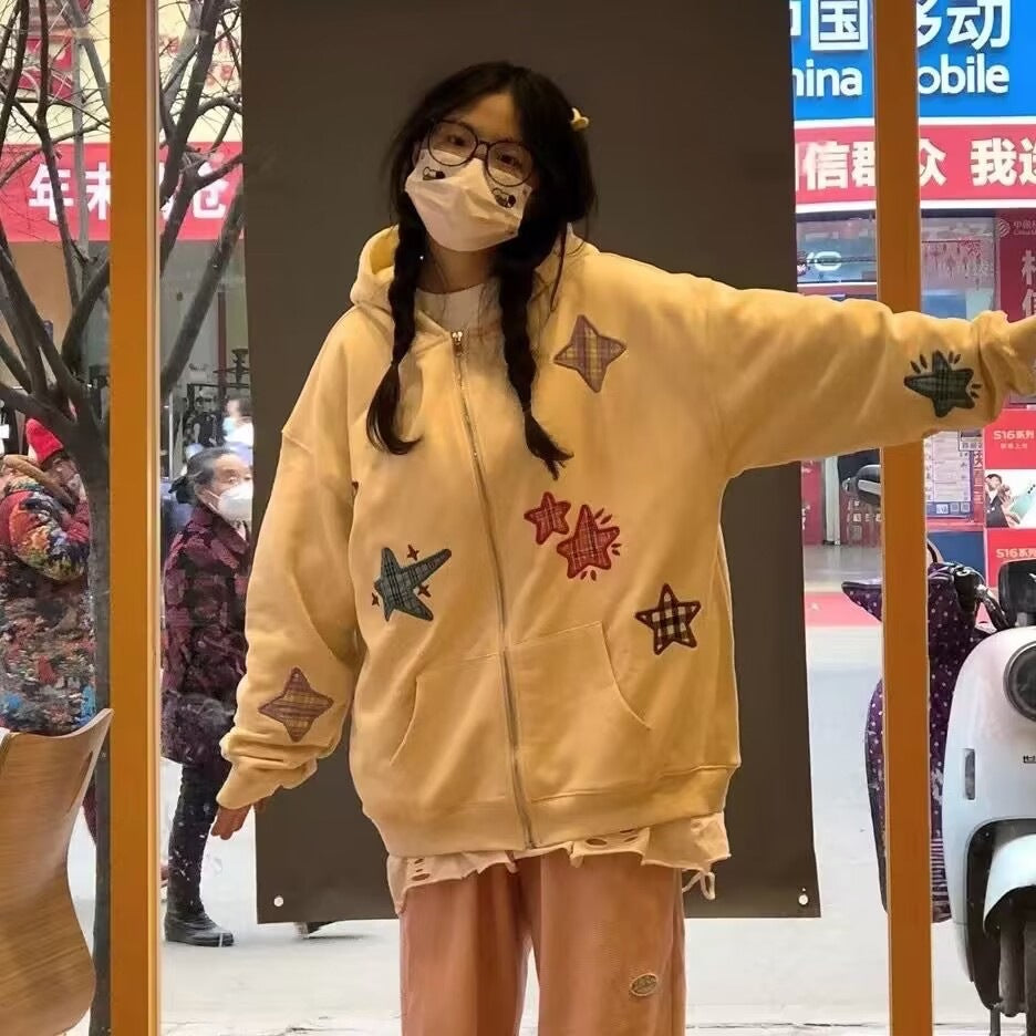 Women's American-style retro sweatshirt jacket with casual zip-front design and long sleeves