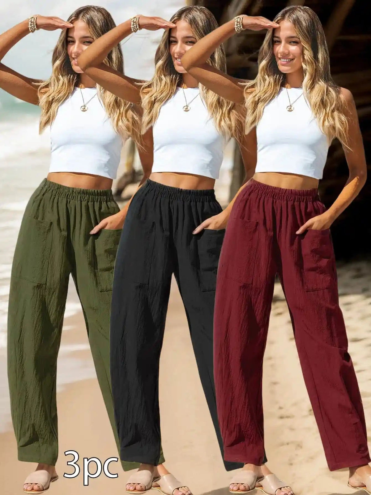 Women's cotton and linen casual vacation pants in a relaxed style.