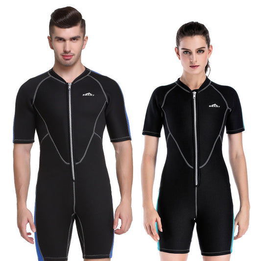 Men's and women's one-piece neoprene wetsuit with short sleeves for swimming, surfing, and deep diving