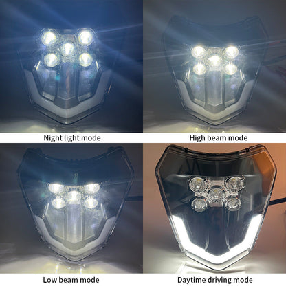 Motorcycle headlamp with LED daytime running lights and five-lamp design