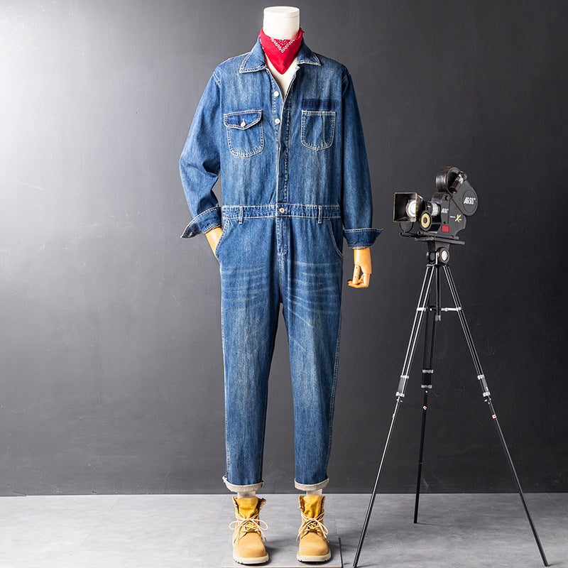 Men's retro denim casual jumpsuit set in blue with adjustable straps and utility pockets