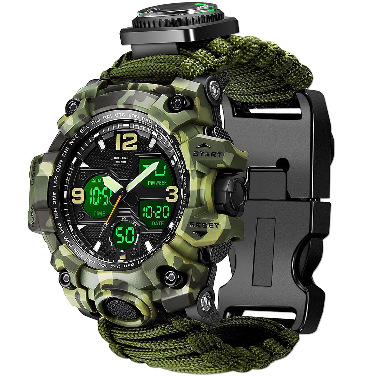 Waterproof dual display electronic tactical watch with digital time and rugged black design
