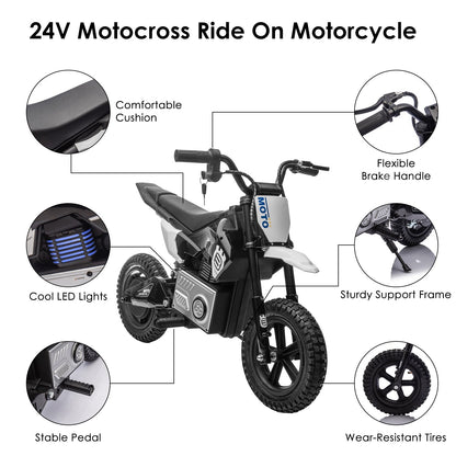 Kids riding a 24V electric motocross ride-on motorcycle for children ages 5-12, featuring a sporty design and sturdy build.