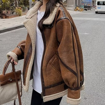 Women's lamb fur coat in a classic design, shown from the front