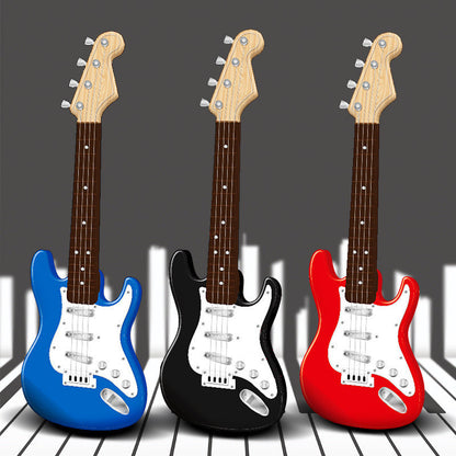 Male playing electric guitar toy, 4-string beginner musical instrument
