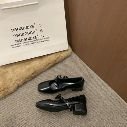 2026 Spring New Women French Bow Square Toe Block Heel Mary Jane Shoes For Dresses