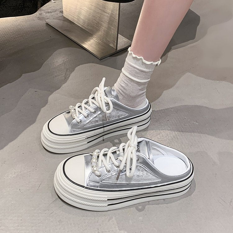 White women's breathable mesh closed-toe slip-on mule shoes, lightweight casual design