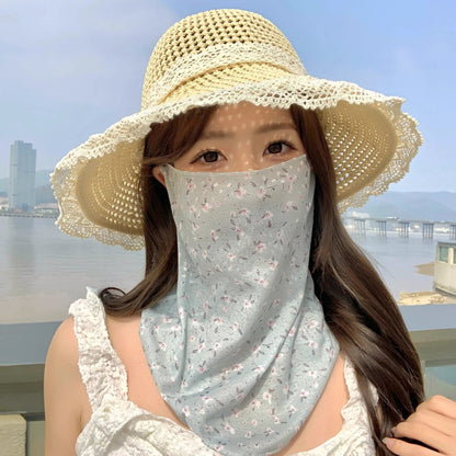 Women's summer UV-protective full-face mask in lightweight fabric, covering the face and neck