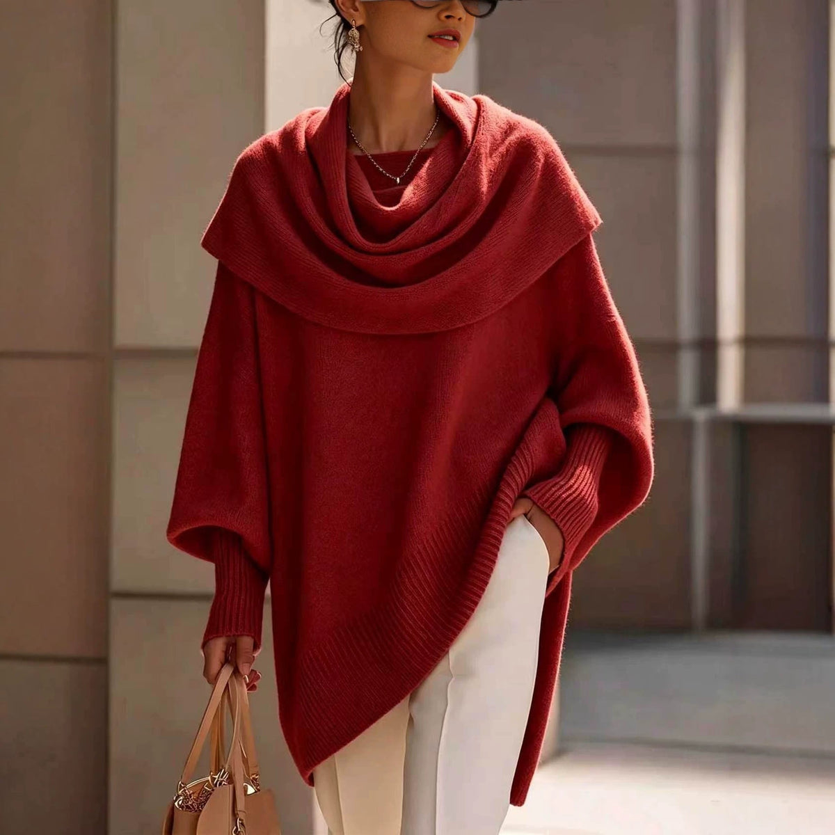 Loose batwing-sleeve asymmetrical pullover top in a relaxed silhouette