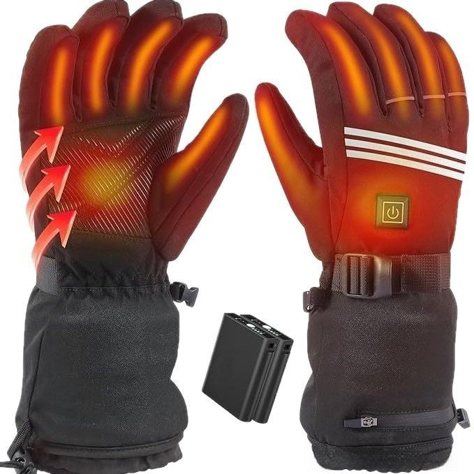 Outdoor skiing cycling thickened heating gloves in black, insulated design with adjustable wrist straps
