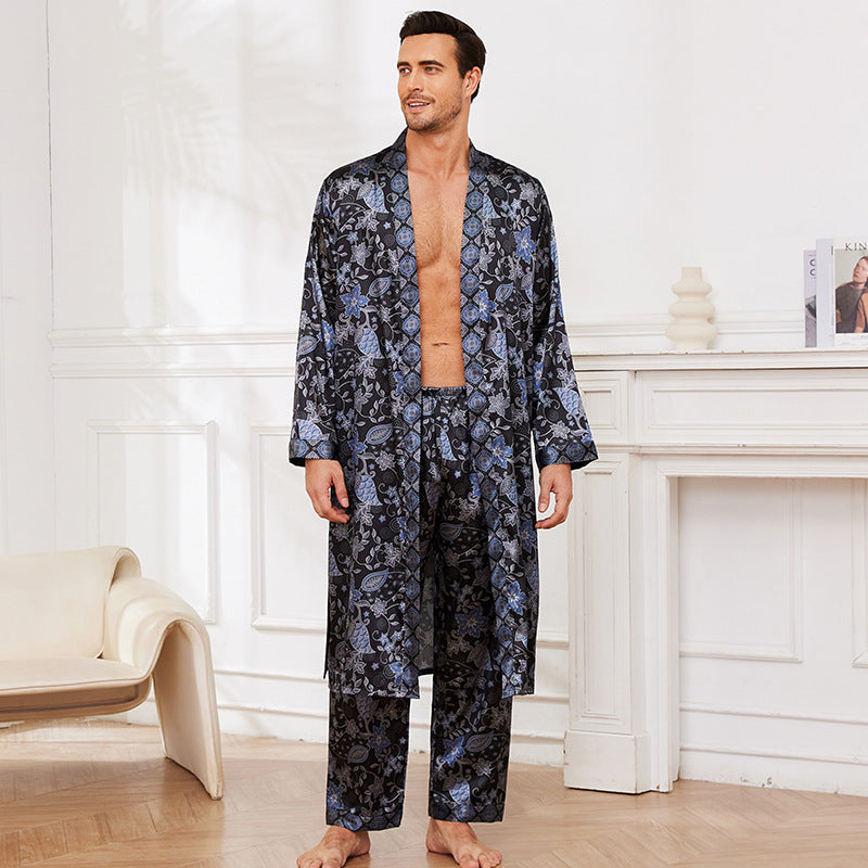 Men's fall thin long sleeve pajamas in a soft, lightweight design with matching top and bottoms