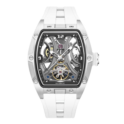 Barrel-shaped steel case watch with full skeleton automatic movement