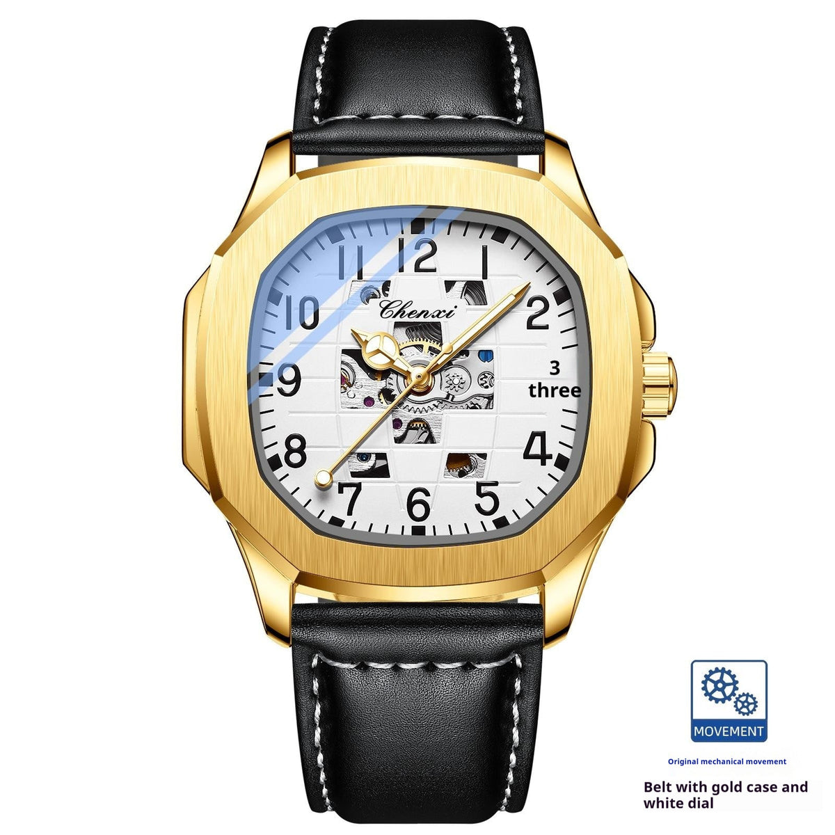 Square mechanical men's watch with a high-end design and refined water-resistant finish