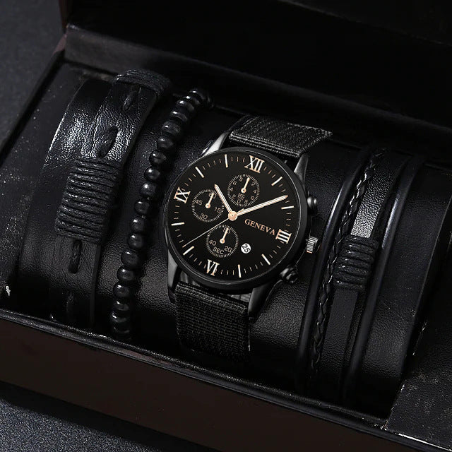 Single calendar fake three-eye canvas quartz watch bracelet set in black canvas with minimalist watch face