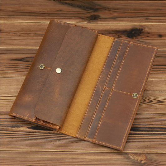 Retro Crazy Horse leather men's long wallet handbag in brown with multiple compartments