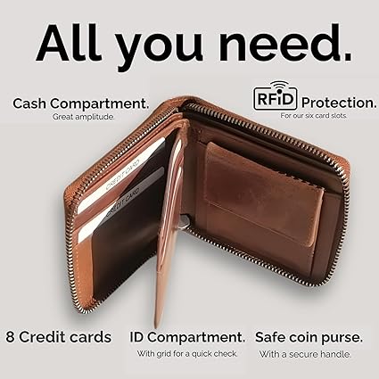 IULIUS camel leather zipper wallet with classic design, featuring multiple card slots and a secure zipper closure.