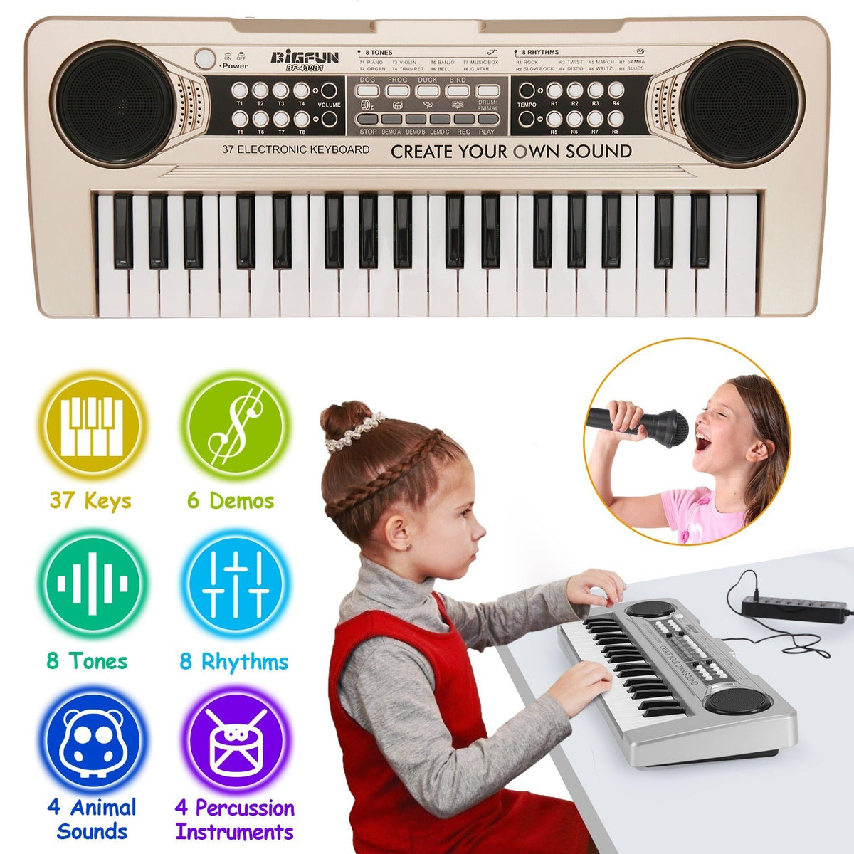 GBruno Store 37 keys digital electronic keyboard with microphone, kids' electric piano for children ages 3-10, colorful and fun.