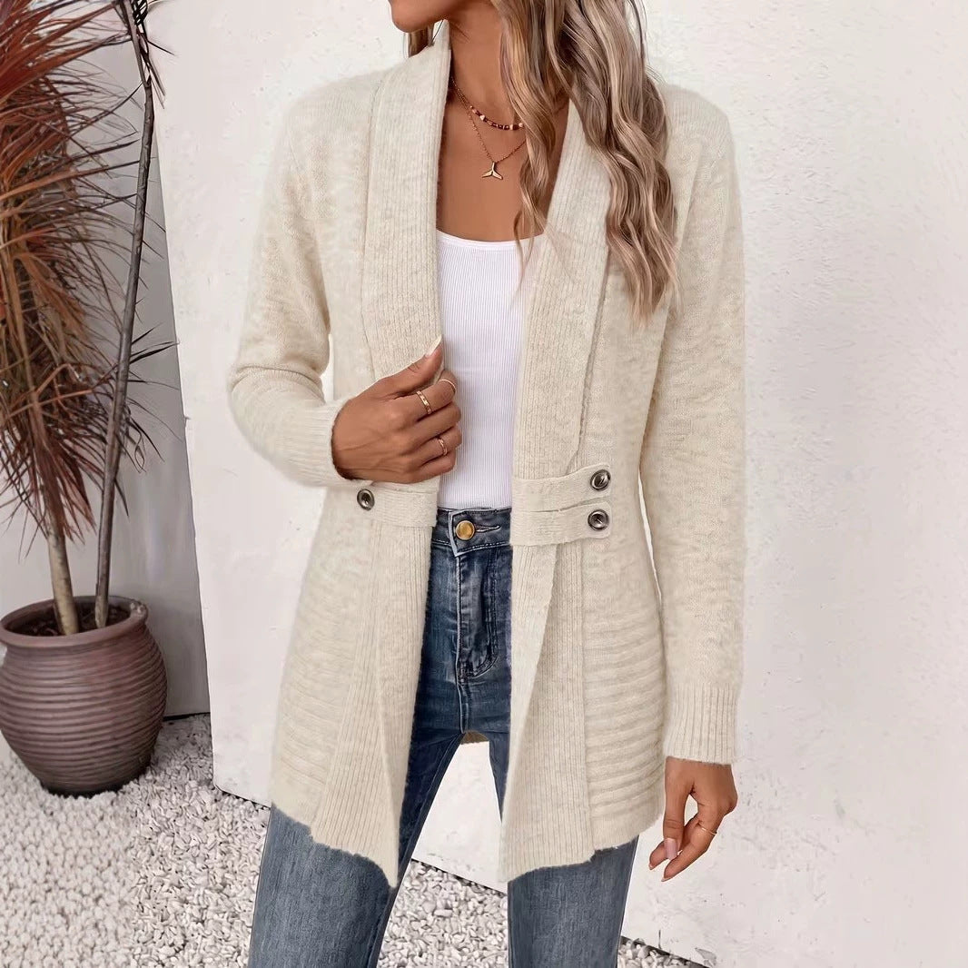 Casual double-breasted decorative belt cardigan, mid-length versatile sweater in lazy style