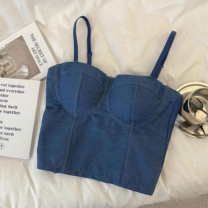Retro distressed denim small vest camisole base top, front view