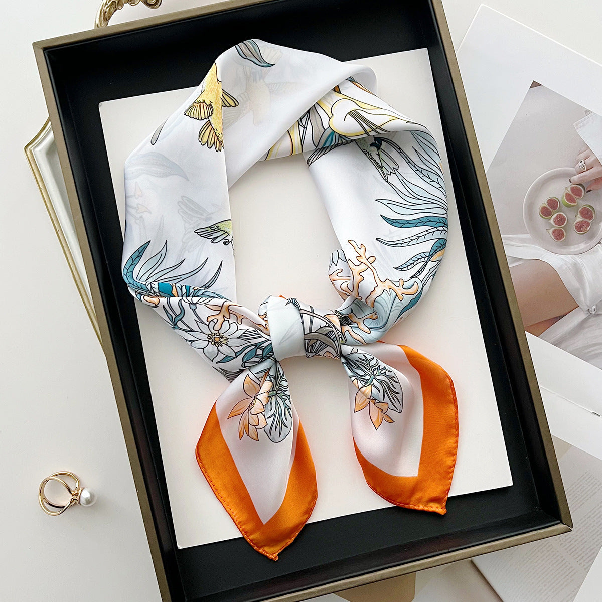 Sun-protective beach floral silk scarf with colorful botanical pattern