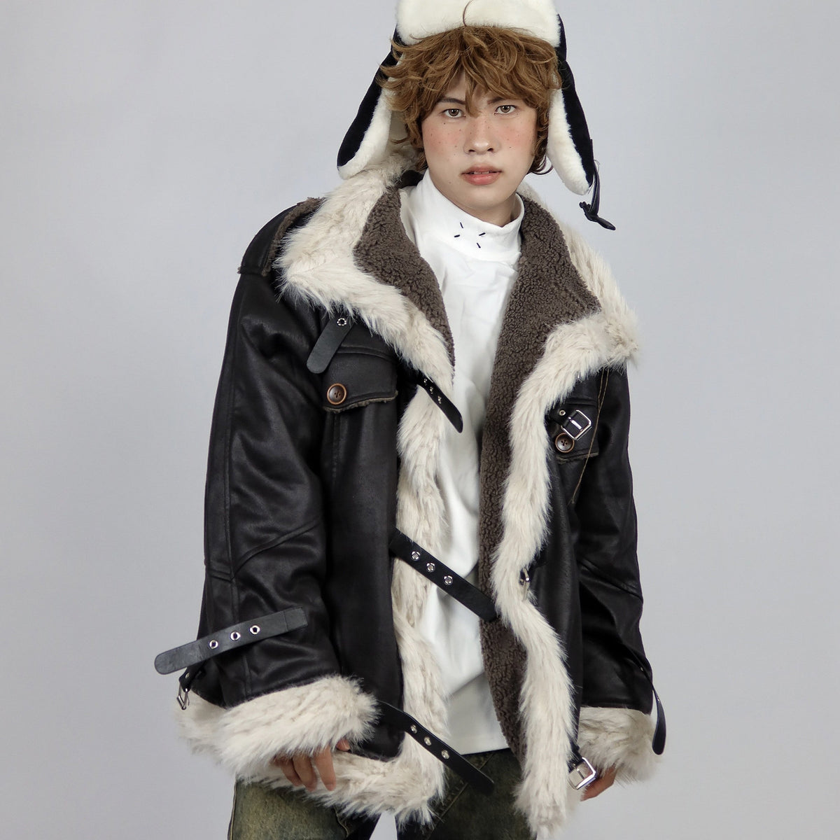 Retro lamb fur coat for women in a classic vintage style, front view