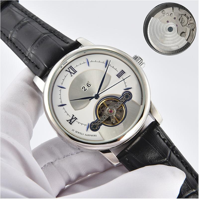 Dual-calendar fashion business watch with steel belt, black dial, and date display