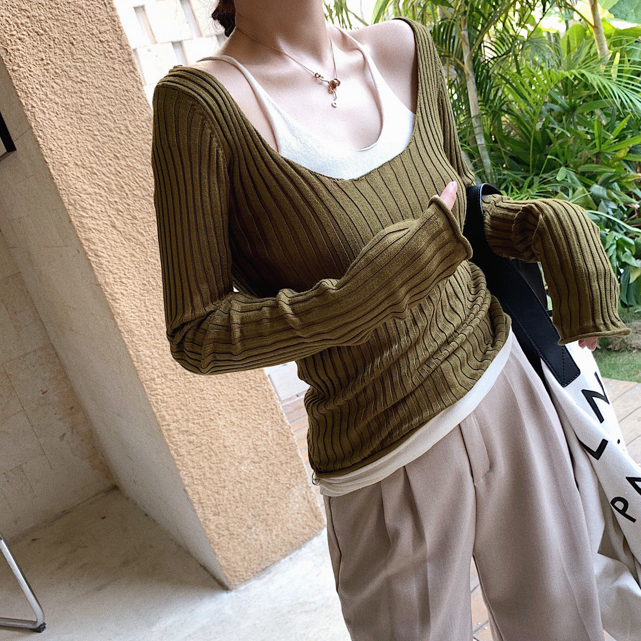 T4429 Women's Autumn Winter Color Block Knit Top