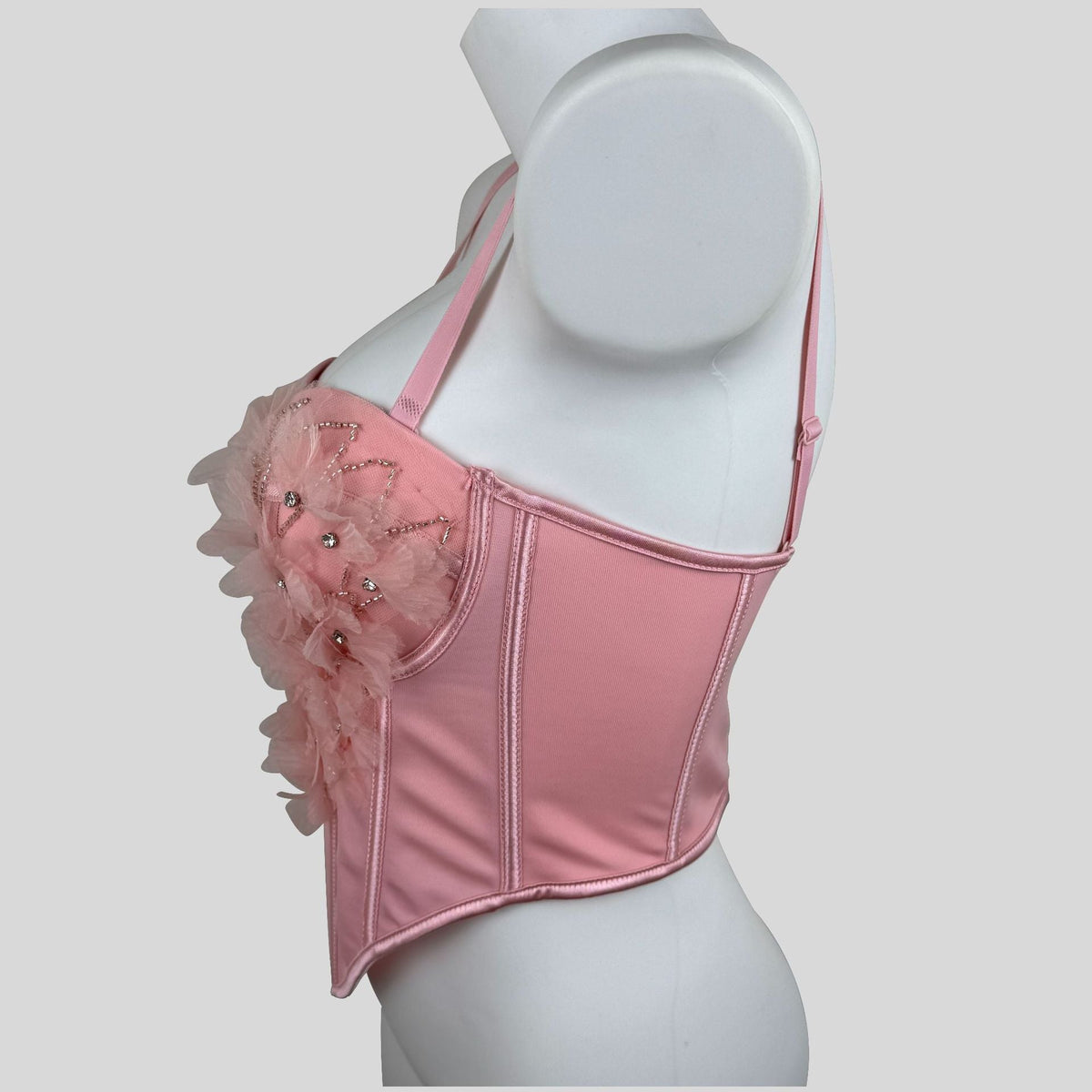 Rhinestone-embellished mesh floral shapewear corset with structured heavy-duty design