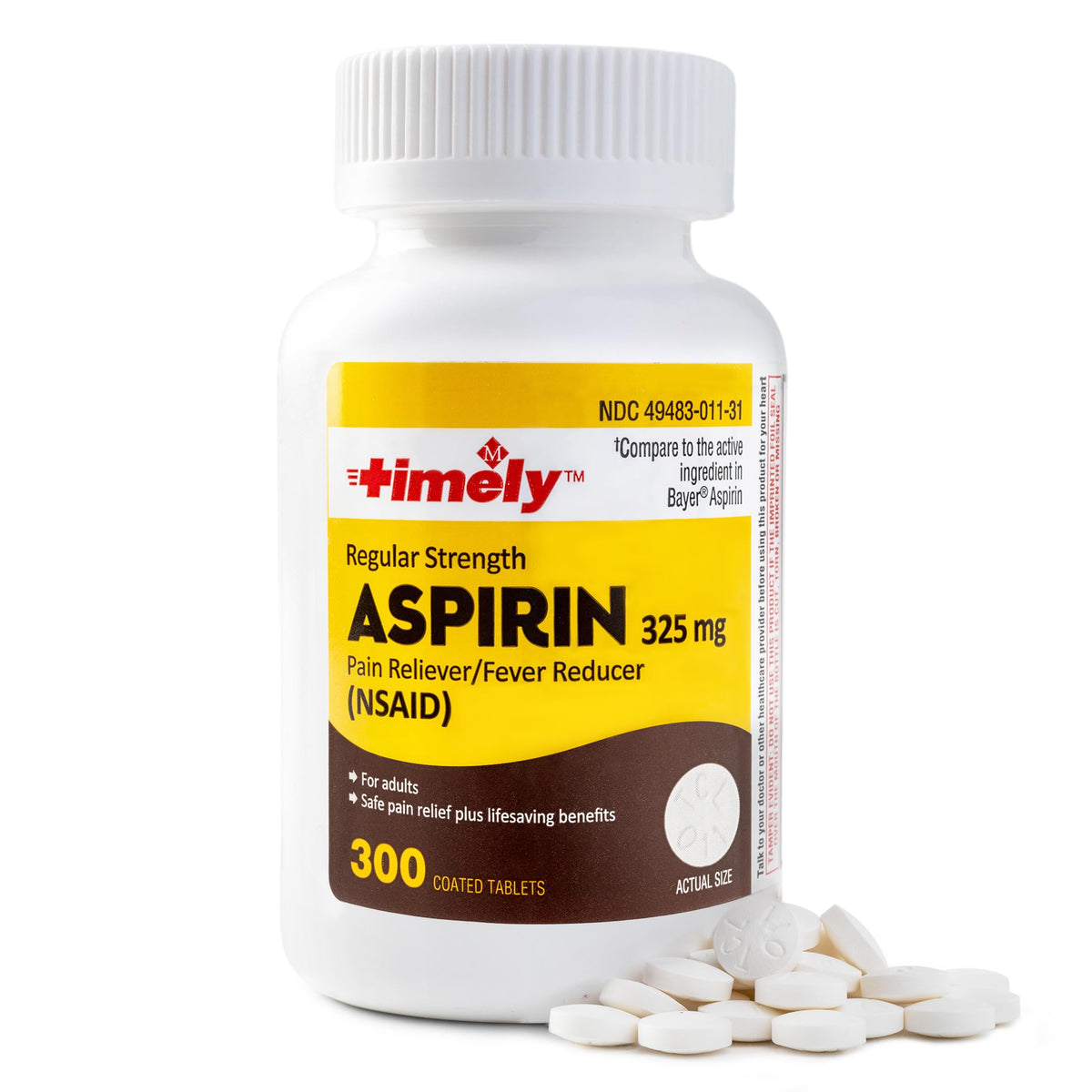 BackupMyFilesNow Timely Aspirin 325mg regular strength coated tablets, 300-count bottle, for pain relief and cardiovascular health.