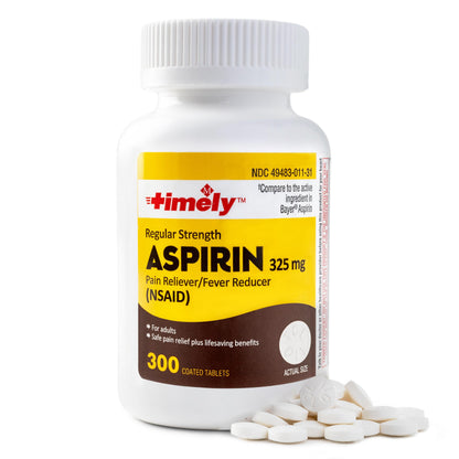 BackupMyFilesNow Timely Aspirin 325mg regular strength coated tablets, 300-count bottle, for pain relief and cardiovascular health.