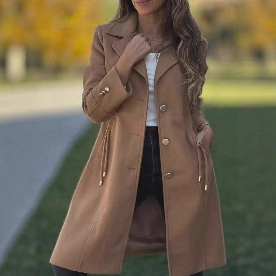 Women's solid-color mid-length wool coat with drawstring waist and pockets, front view