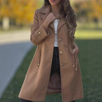 Women's solid-color mid-length wool coat with drawstring waist and pockets, front view