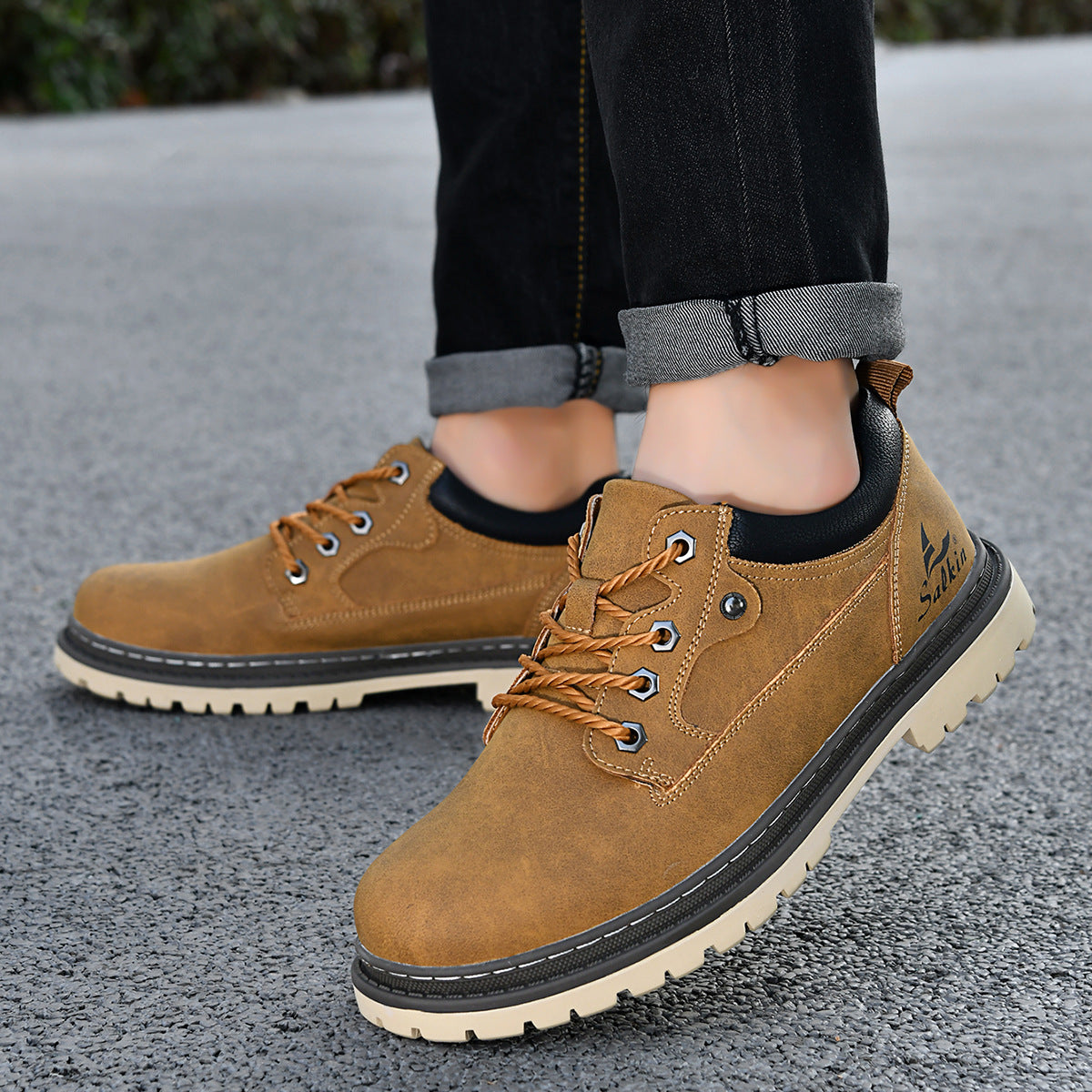 British-style work boots for trendy men, rugged leather design with sturdy soles