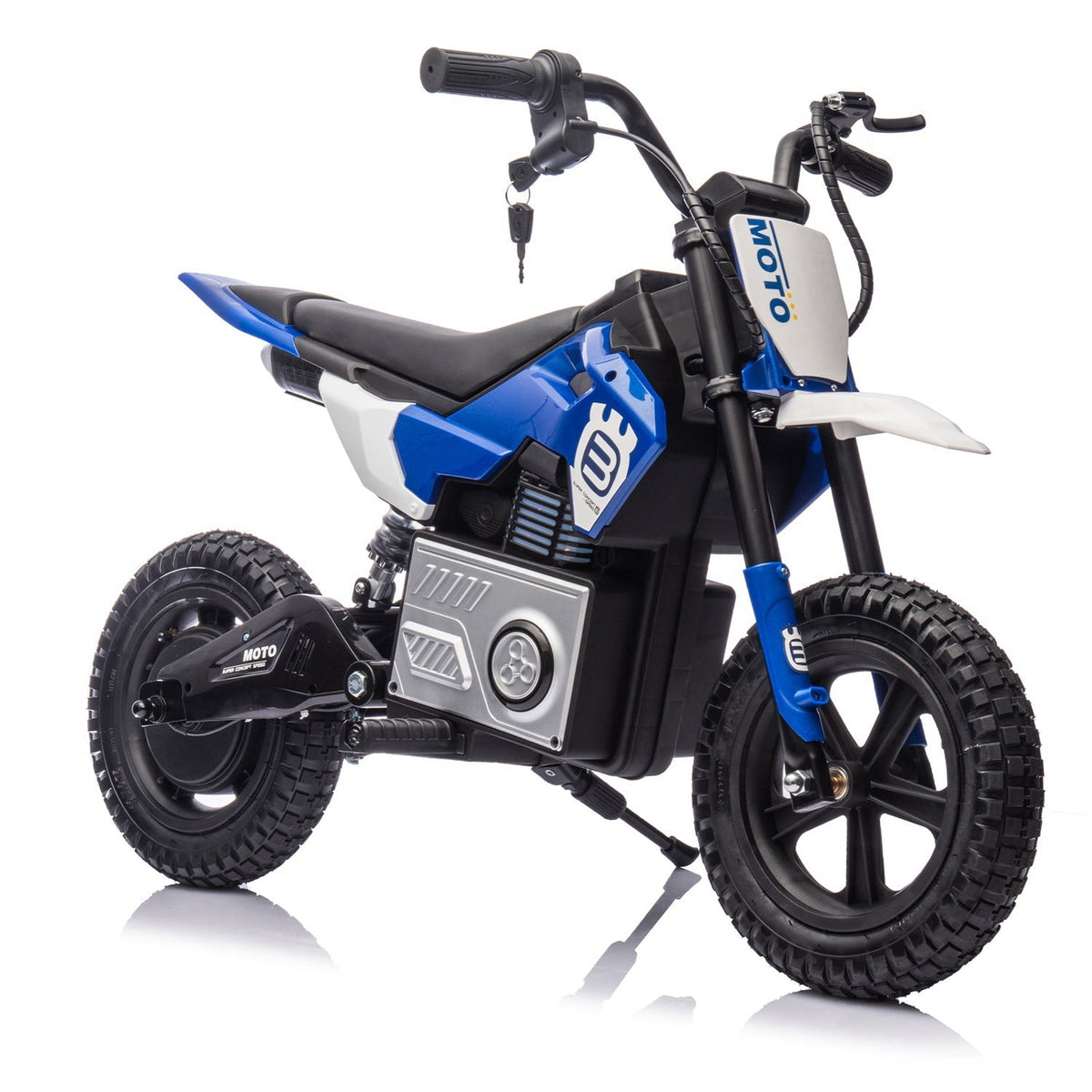 Kids riding a 24V GBruno Store electric motocross ride-on motorcycle for children ages 5 to 12 outdoors.