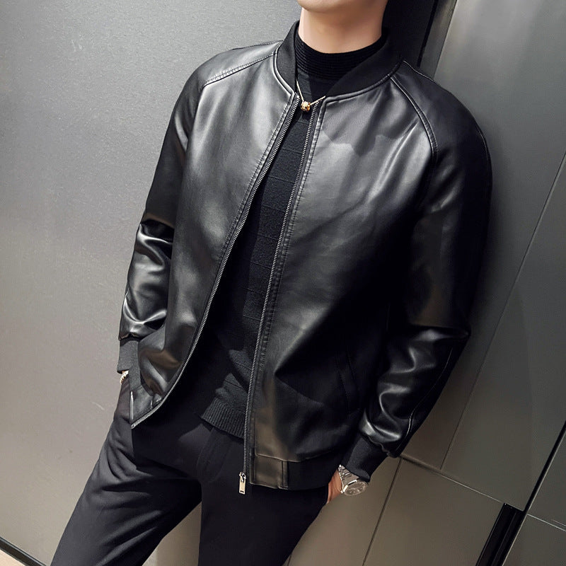 Men's slim fit trendy washed leather jacket in a classic design