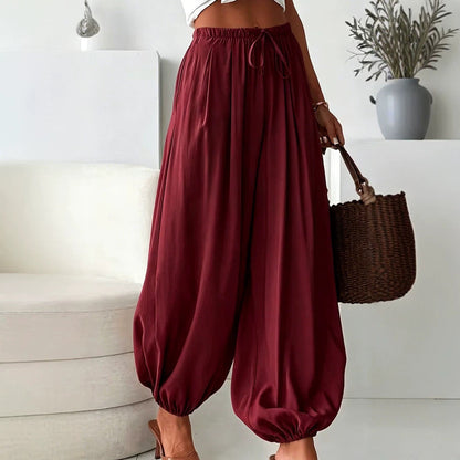 Women's summer loose drawstring wide-leg cropped harem pants with draped effect