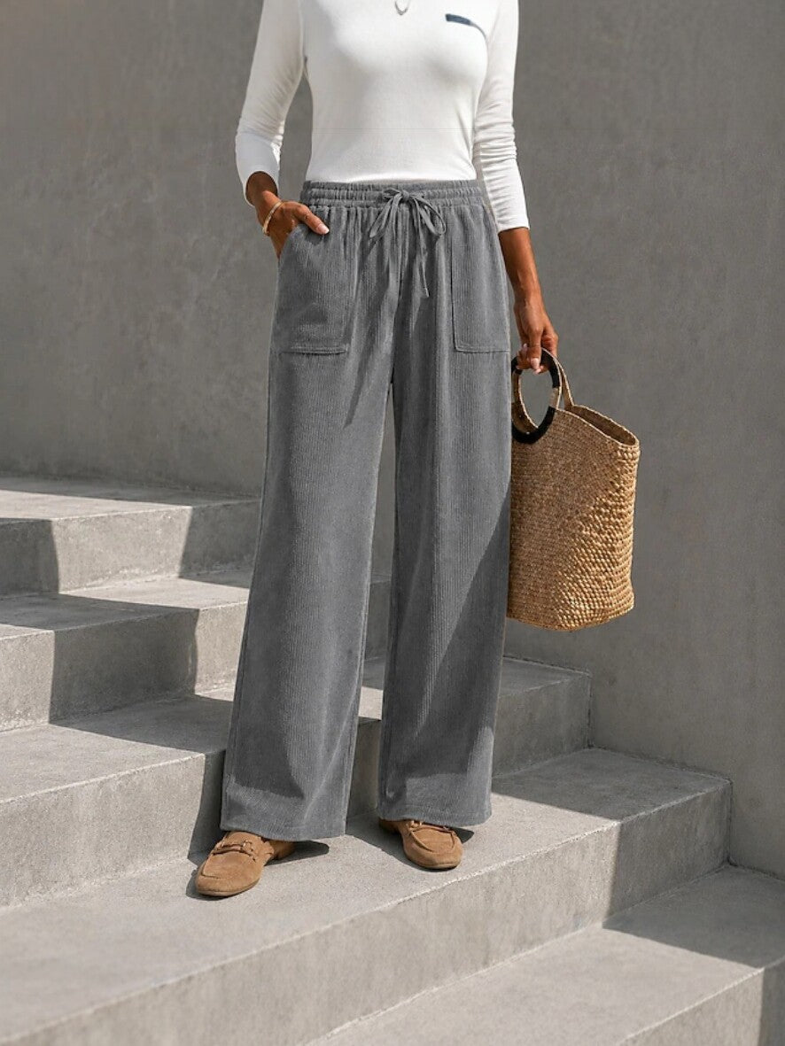 Women's corduroy wide-leg pants with elastic waist and drawstring, loose casual long pants