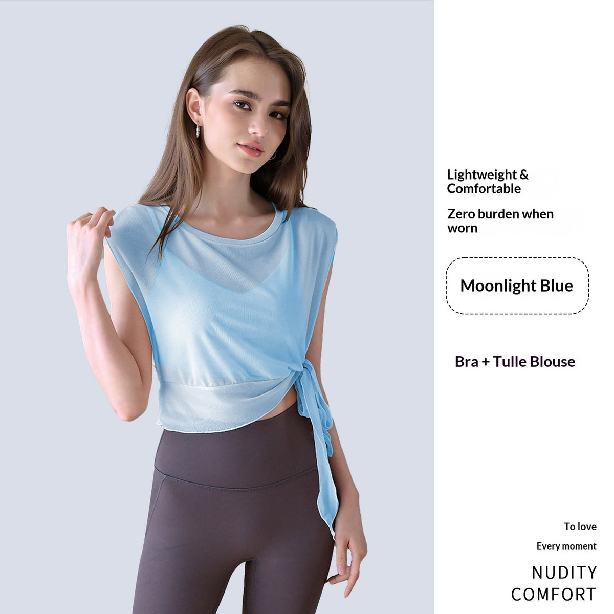 New summer 2-piece yoga outfit with short sleeve top, built-in bra pads, and elegant mesh Pilates fitness design