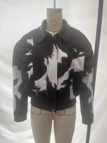 Street-style cow-print short jacket with a hoodless design and versatile fit
