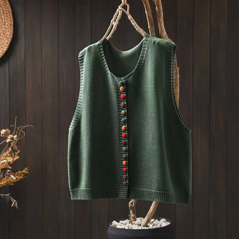 Colored button cotton thread knitted vest with multicolor buttons and textured knit design