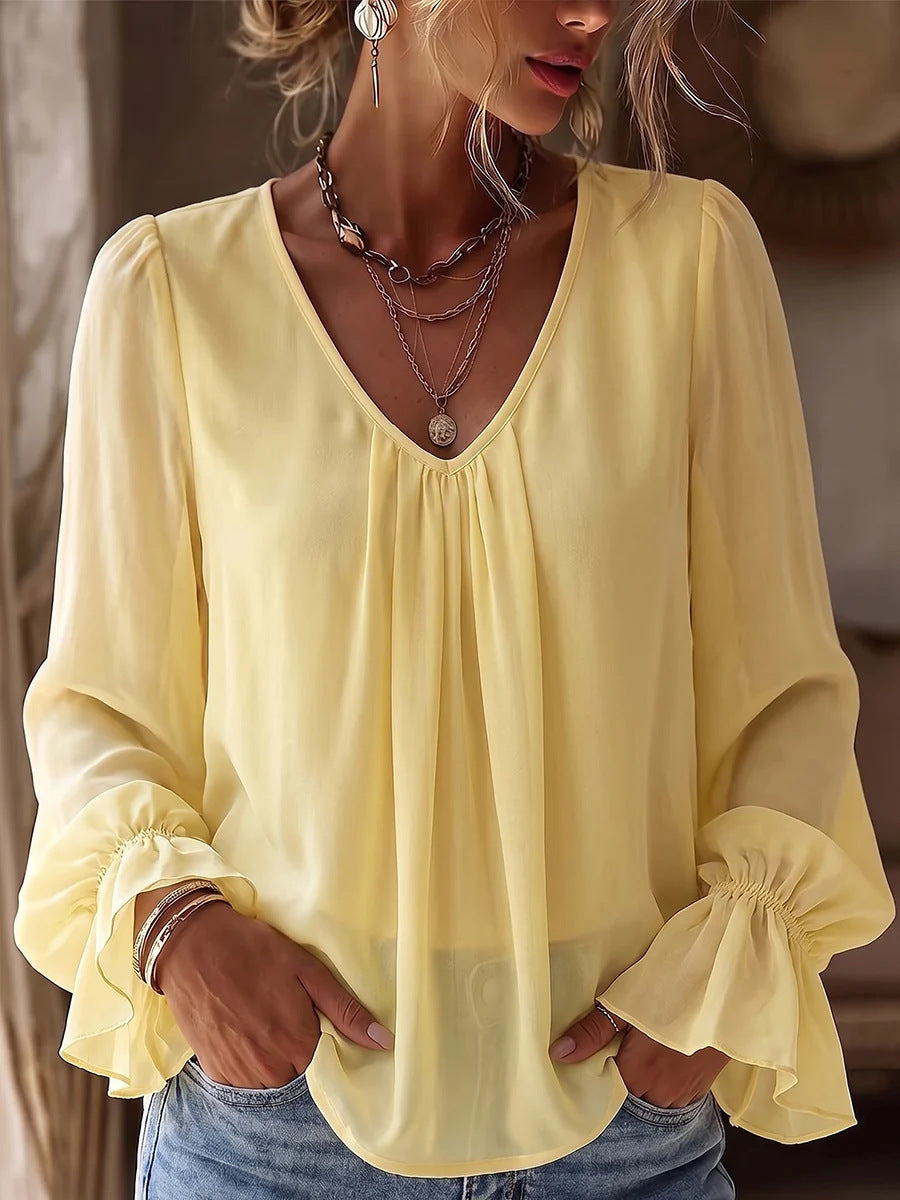 Women's solid color V-neck pleated long-sleeve loose casual shirt by My Store