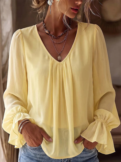 Women's solid color V-neck pleated long-sleeve loose casual shirt by My Store