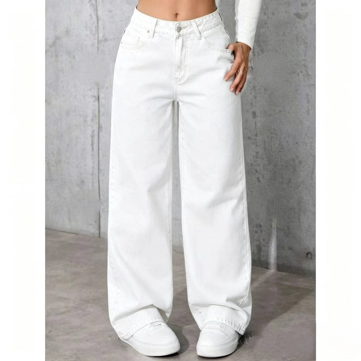 Black draped floor-length straight-leg jeans from My Store, shown full length