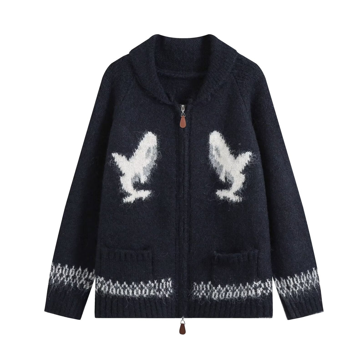 Fashionable shark jacquard embroidered knit cardigan with two-way zipper detailing