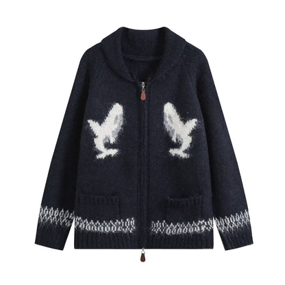 Fashionable shark jacquard embroidered knit cardigan with two-way zipper detailing