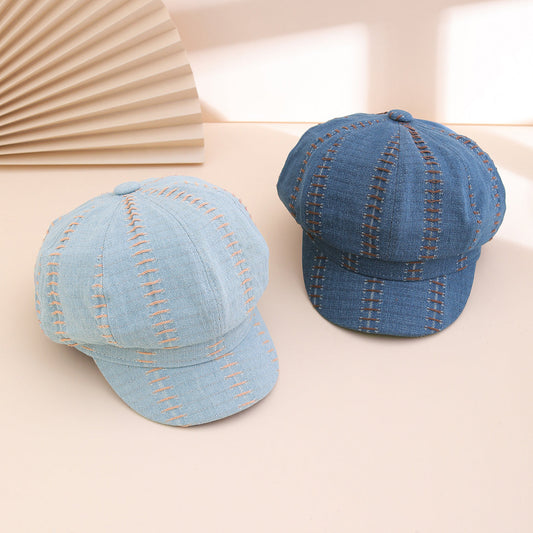 Korean-style water-washed retro octagonal newsboy hat with personalized stitching and brim