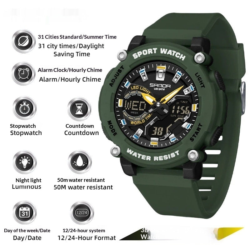Dual-display luminous chronograph hiking watch with digital and analog faces by My Store