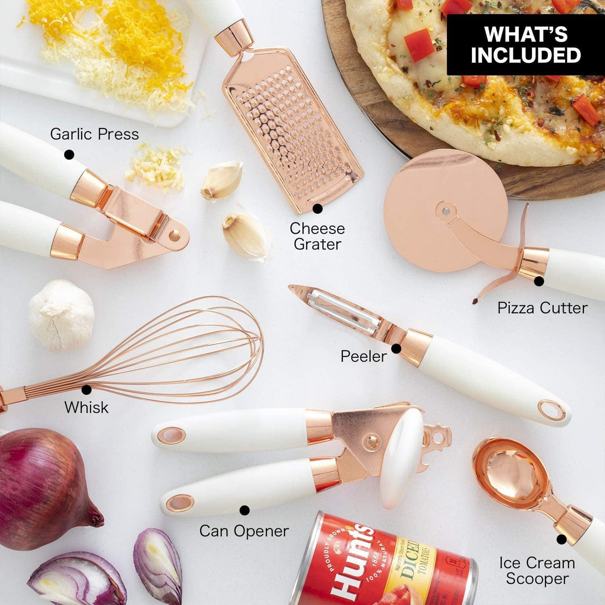 Stainless steel kitchen gadgets 7-piece set with assorted cooking utensils displayed together