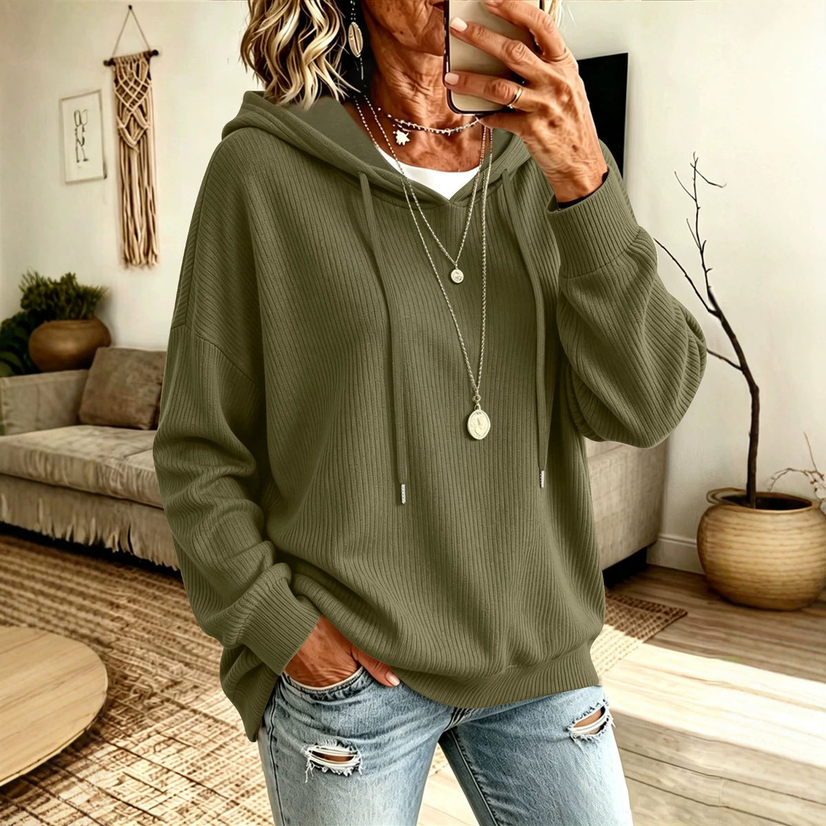 Women's solid color drawstring hooded knitted sweater with front pocket and loose fit outer top
